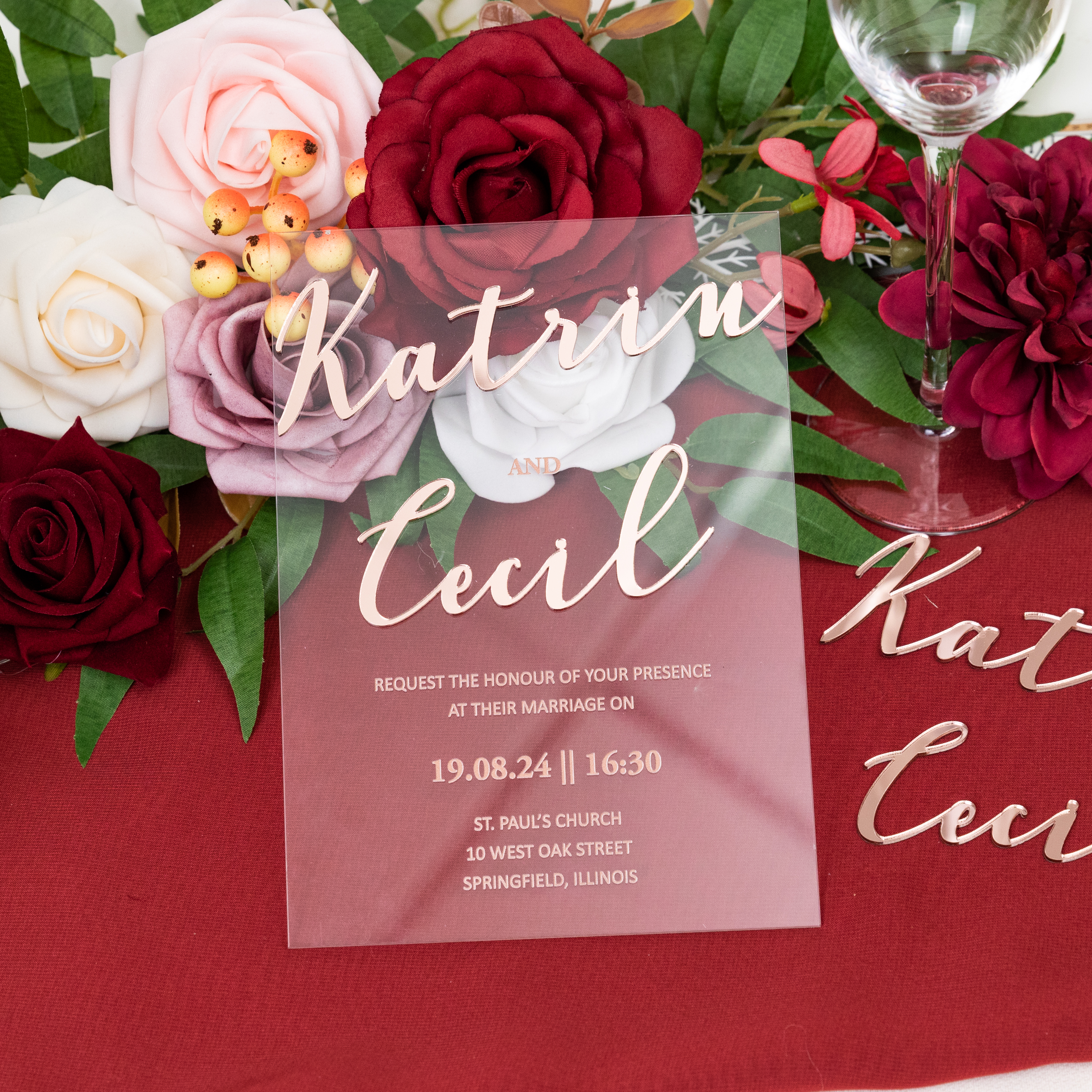 Faire-part de mariage en acrylique de luxe avec badge 3D en acrylique or rose WSNT020 - Cliquez sur l'image pour la fermer