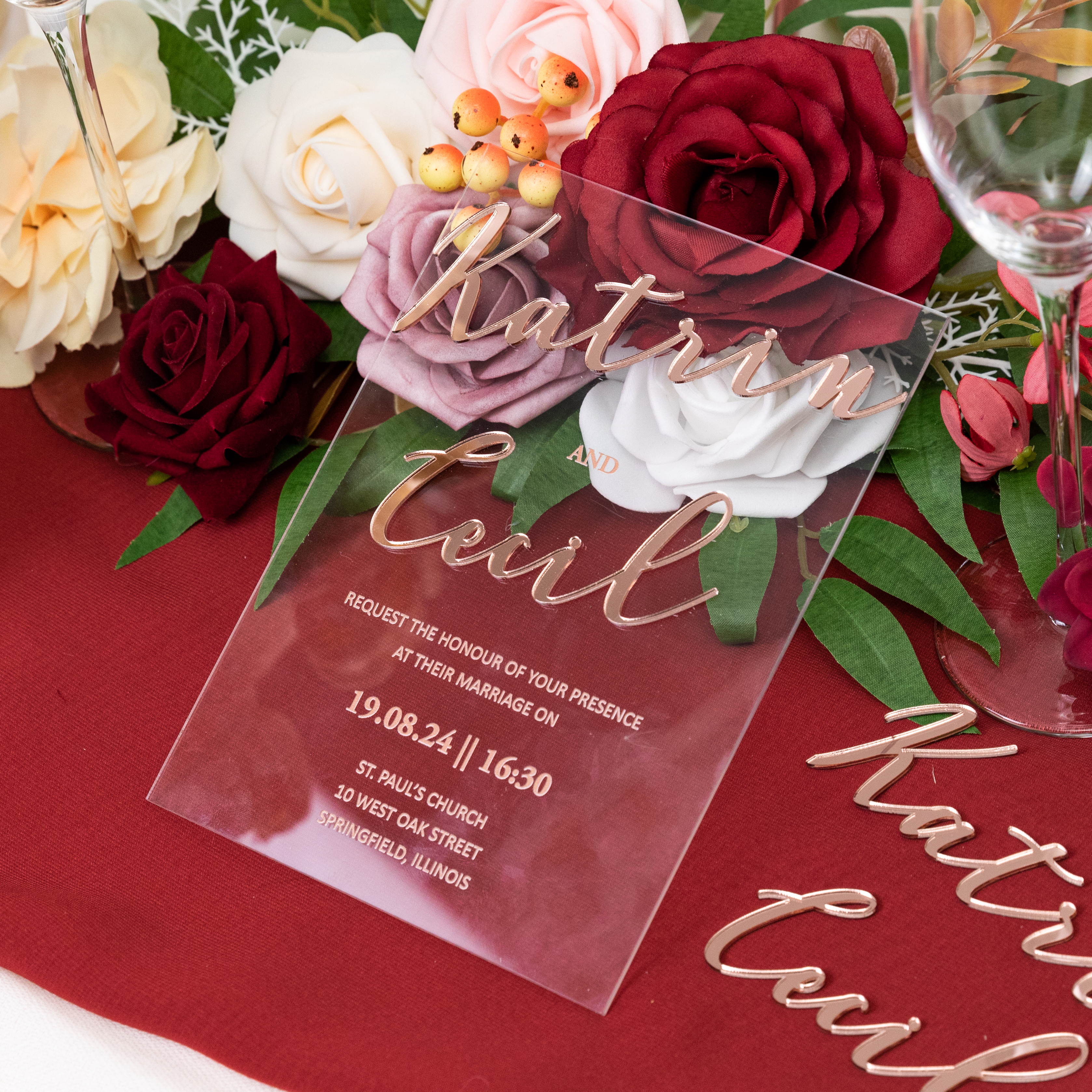 Faire-part de mariage en acrylique de luxe avec badge 3D en acrylique or rose WSNT020 - Cliquez sur l'image pour la fermer