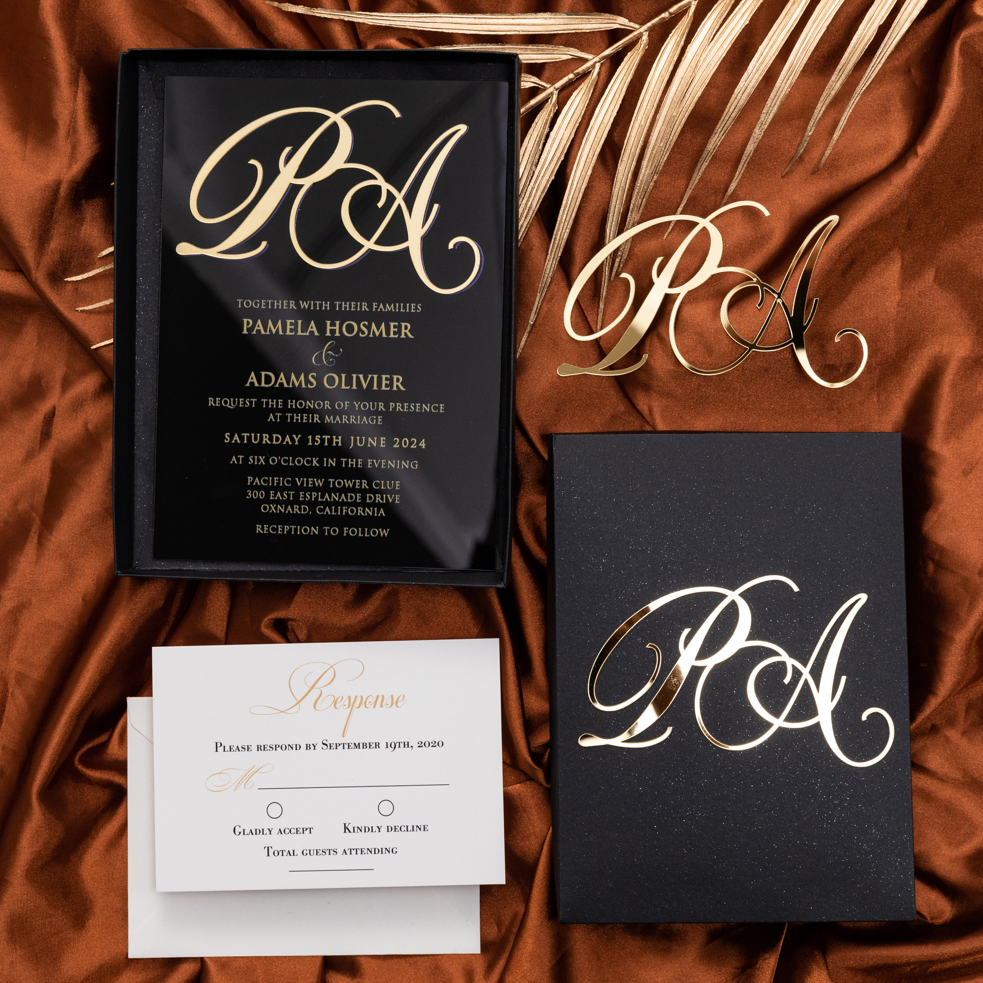 Faire-part de mariage en acrylique avec étiquette monogramme en acrylique doré WSNT022 - Cliquez sur l'image pour la fermer