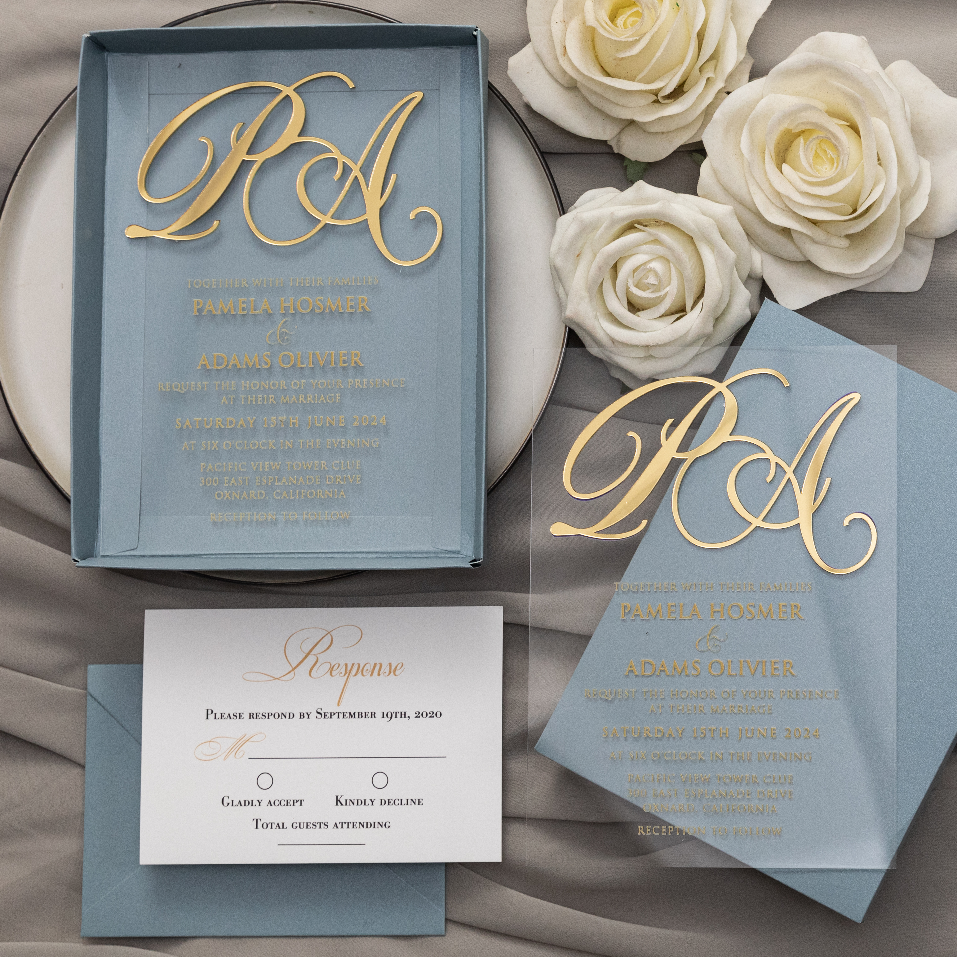 Faire-part de mariage en acrylique avec étiquette monogramme en acrylique doré WSNT022 - Cliquez sur l'image pour la fermer
